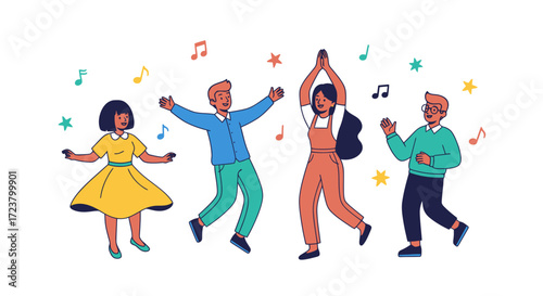 Cartoon joyful people dancing to music with stars and notes for party celebration