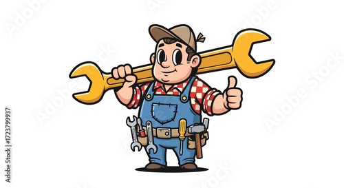 Cartoon handyman giving thumbs up with a large wrench ready for home maintenance and repairs