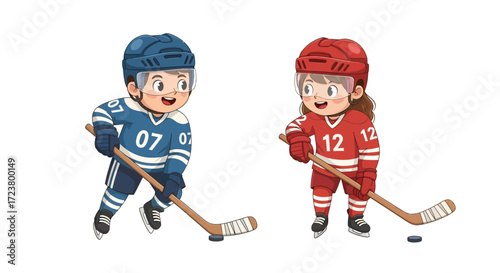 Charming cartoon hockey players ready for a friendly match on the ice rink full of fun