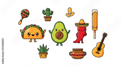 Charming cartoon-style illustration showcasing vibrant elements of Mexican culture and cuisine