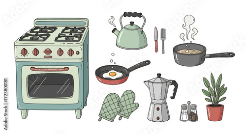 Charming kitchen still life illustration featuring a retro stove and various cooking utensils