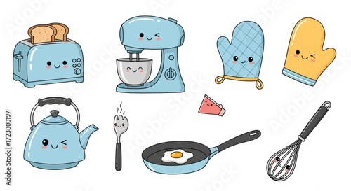 Charming kitchen utensils illustration featuring adorable toaster mixer kettle and happy cooking