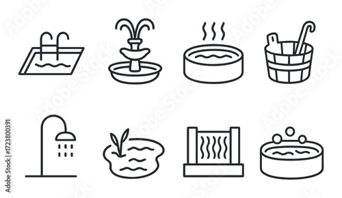 Black outline icons of various pool and water spa facilities