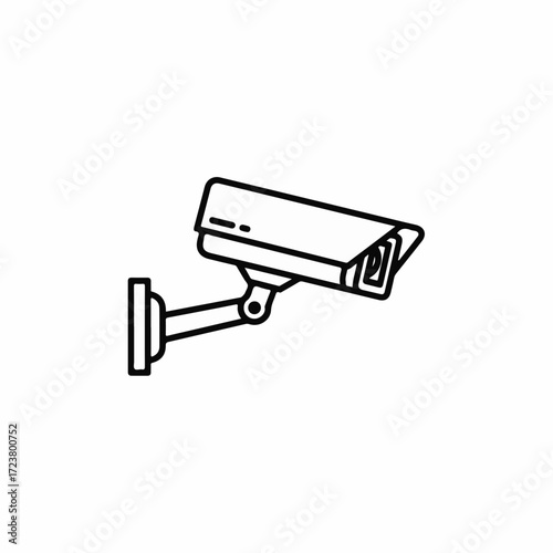 Surveillance camera depicted as simple line art, surveillance camera on white background. Security surveillance camera includes adjustable mount and weather proof case.
