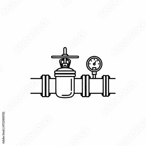 Line drawing of pipe with valve and manometer depicting plumbing system. Pipe displays detailed components, including valve and gauge that monitors pressure, ensuring efficient operation and safety.