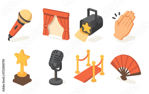 Theater icons: microphone, stage, spotlight, applause, award, red carpet, fan