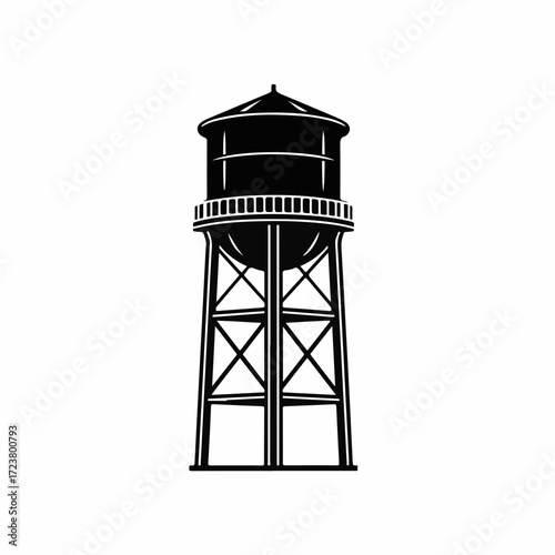 Urban water tower against white background. Isolated water tower is an antique metal framework construction, a typical old fashioned industrial structure.