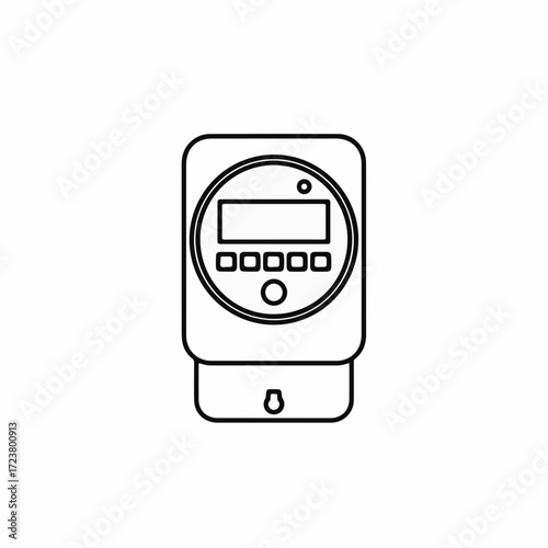 Outline smart meter displays information and energy consumption data. Smart meter reads the numbers from screen, showing digital information, and control panel with buttons.