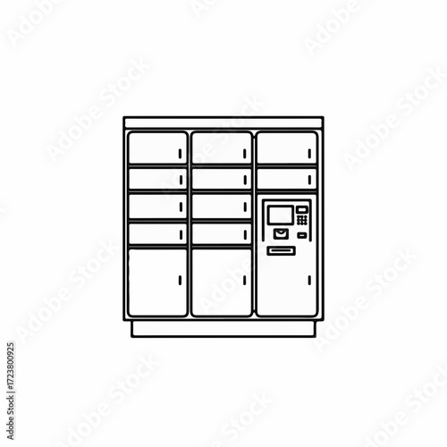 Modern locker unit with electronic terminal for storing items in public spaces. Locker unit design shows multiple compartments, offering secure storage.
