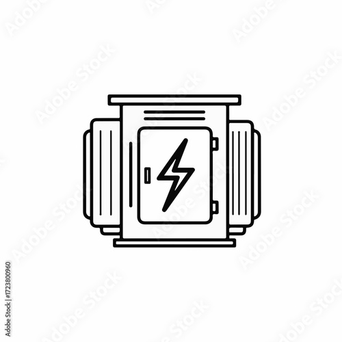 Electrical transformer line art depicts electrical equipment for power distribution. Electrical transformer shows lightning bolt symbol, indicating high voltage, power and electricity.