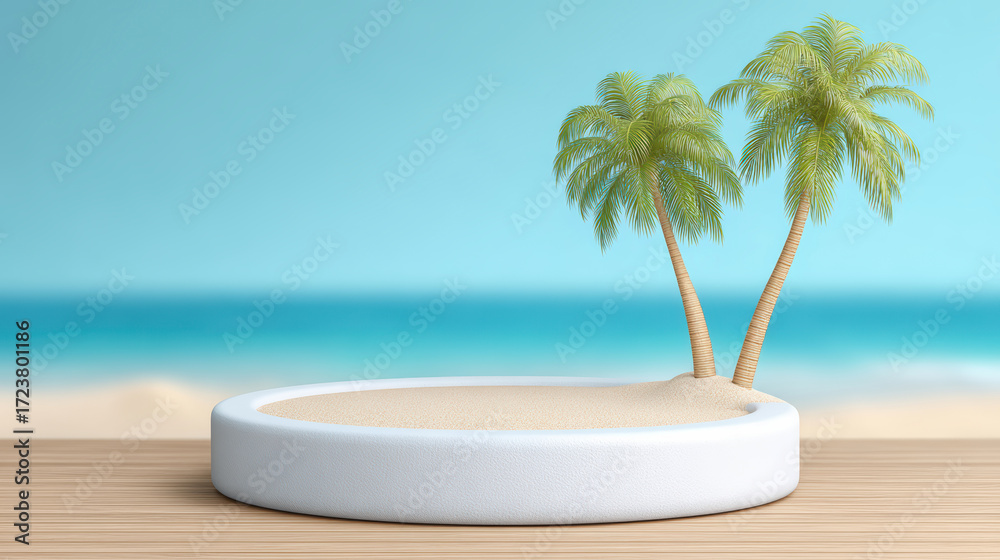 Obraz premium Round podium sand palm tree tropical summer beach blue sky ocean relaxing scene minimal