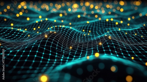 A futuristic digital landscape with glowing blue grid lines and yellow dots creates depth on a dark background,