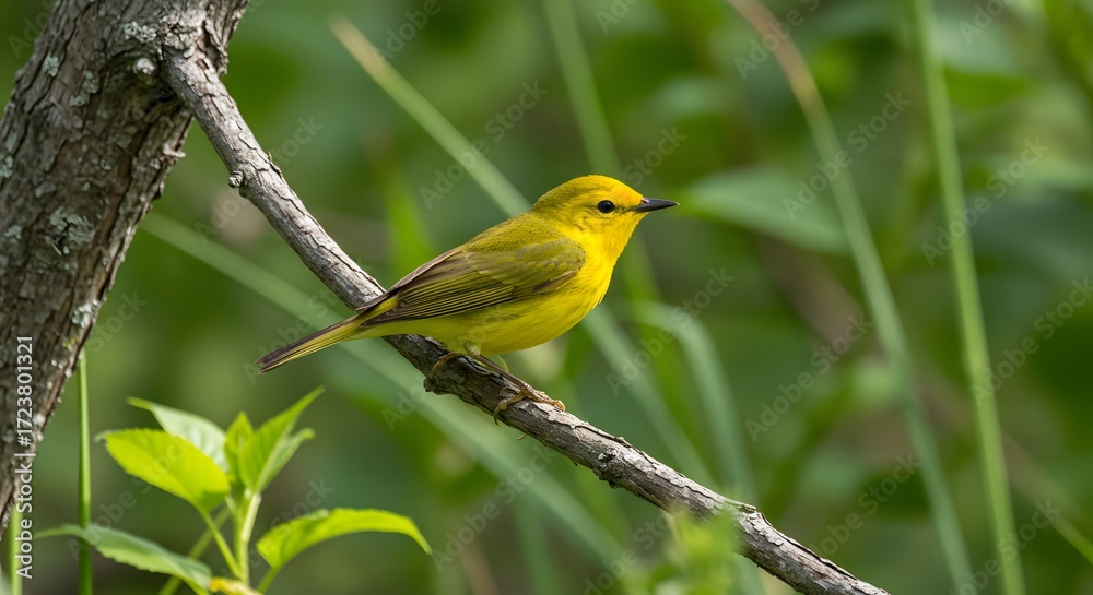 Fototapeta premium Yellow bird perched on branch