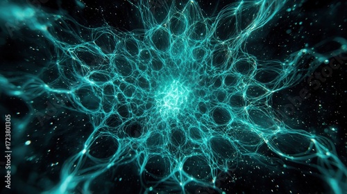 Intricate digital artwork resembling cellular structures or neural networks in dark space with glowing cyan lines formin