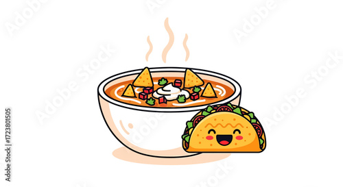 Delightful cartoon illustration presenting a bowl of soup and a cheerful taco for culinary designs