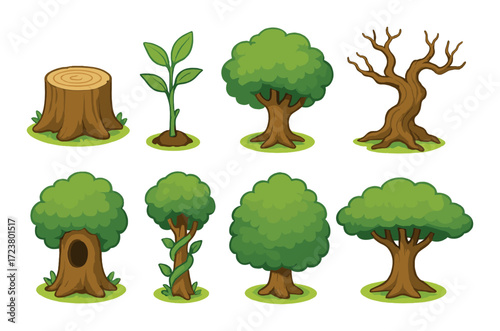 Collection of stylized cartoon trees and plant stages on yellow background