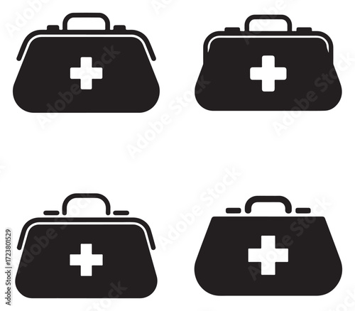 Collection of medical doctor bags in silhouette style isolated on white background