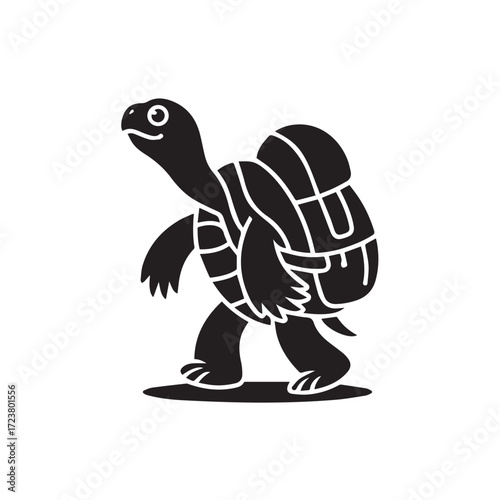 A stylized black silhouette of a turtle with a backpack walking, isolated on a white background