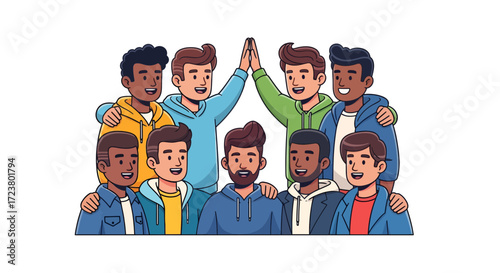 Diverse group celebrating collaborative success with high-five gesture embodying unity