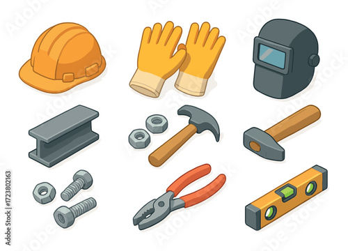 Essential construction tools: helmet, gloves, welding mask, hammer, wrench, level, bolts, i-beam