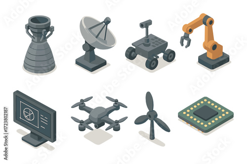 Isometric icons of space and technology equipment: satellite, drone, chip, and more