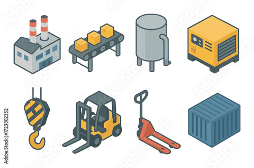 Industrial equipment icons with factory, conveyor belt, and forklift in isometric style