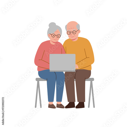 Elderly couple sitting together using laptop and smiling warmly  