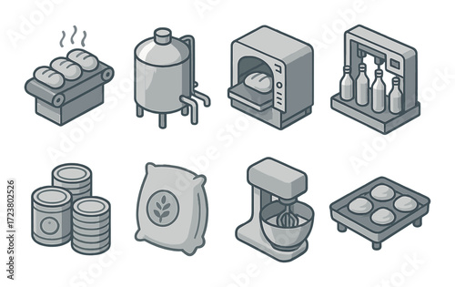 Industrial bakery icons illustrating bread production and packaging elements