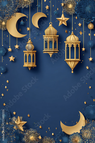 Elegant blue background featuring golden lanterns, moons, and stars, ideal for festive celebrations
