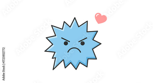Irritated cartoon virus with loving heart above its head, embodying internal conflict