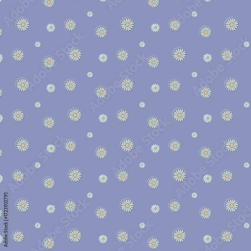 daisy, flower, seamless, pattern, purple background, floral, cute, vector, spring, summer, blossom, nature, decorative, textile, fabric, wrapping paper, wallpaper, girly, soft, bloom, white petals,

