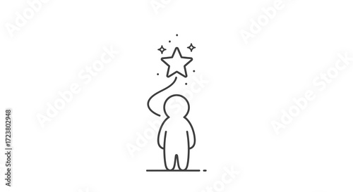 Minimalist line art depiction of a person reaching for a radiant shining star goal