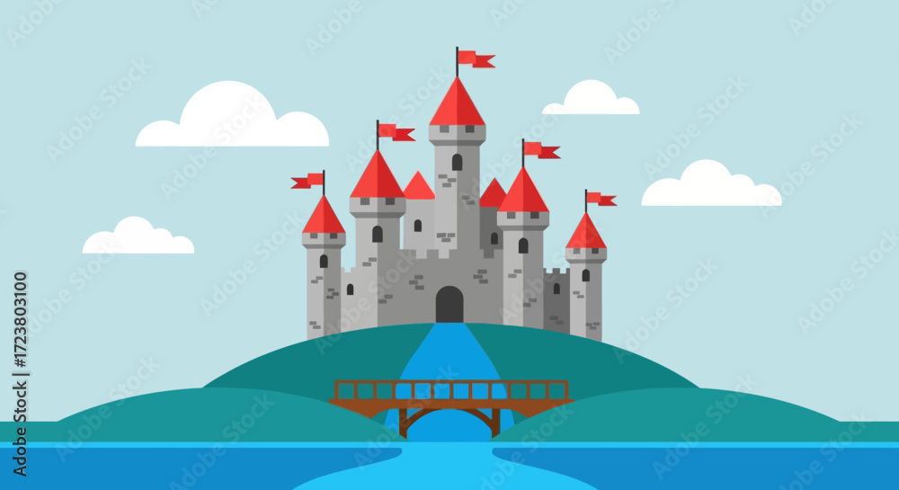 Obraz premium Illustration of a majestic castle with red flags atop a green hill, overlooking a tranquil blue lake and a wooden bridge