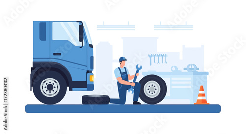Mechanic Repairing a Truck Tire in a Workshop - Vector Illustration
