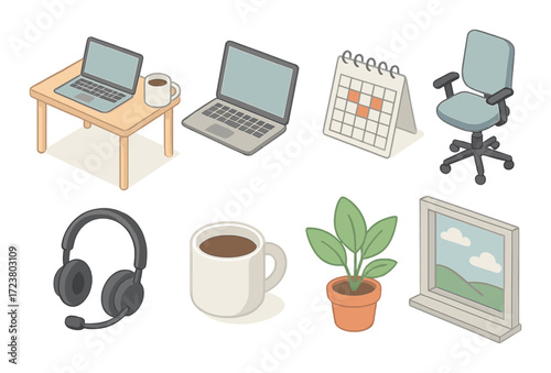 Office workspace elements: laptop, chair, coffee, calendar, headphones, plant, window