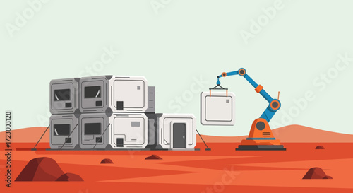 Mars Habitat Construction Robot Arm Assembling a Lunar Base, Space Exploration