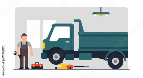 Vector illustration of a professional auto mechanic repairing a heavy-duty dump truck in a modern service garage