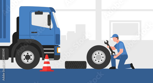 Professional mechanic performing tire replacement service, changing a flat wheel on a large blue commercial truck