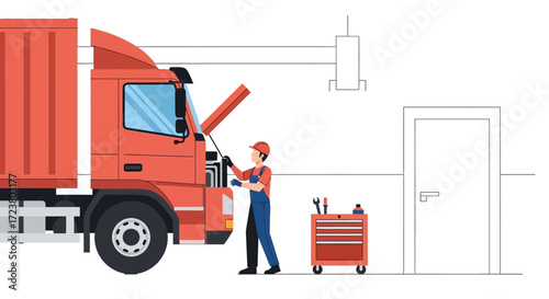 Professional auto mechanic in overalls performing maintenance and engine repair on a red commercial truck in a service garage