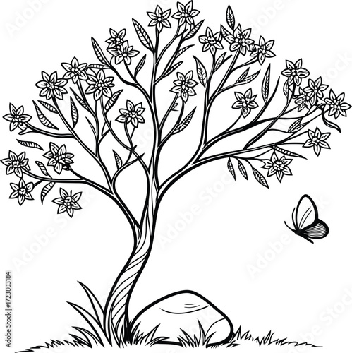 Photos Elegant line art illustration of a crape myrtle tree with a natural stone base