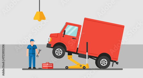 Professional mechanic performs essential maintenance on a commercial delivery truck, meticulously inspecting and repairing the vehicle in a well-equipped service garage