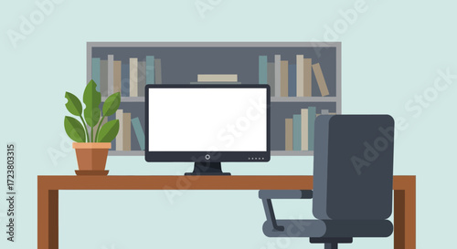 Workplace Mockup Desk Scene with Monitor, Bookshelf, and Potted Plant