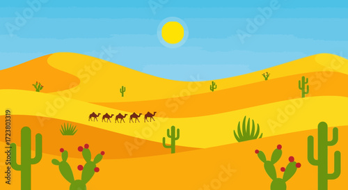 A scenic flat design illustration of a desert expedition, with a camel caravan traveling across sunny sand dunes and cacti