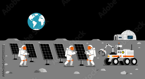 Sustainable Energy for Lunar Colonization Astronauts and a robotic rover work together to install solar panels on the moon's surface