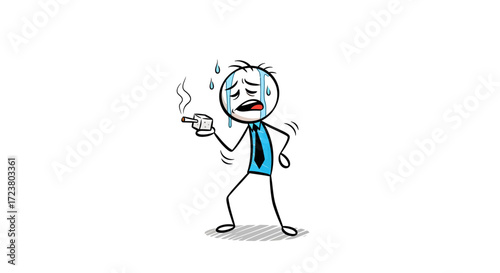 Nervous stick figure character in a suit dealing with stress from a smoking power outlet