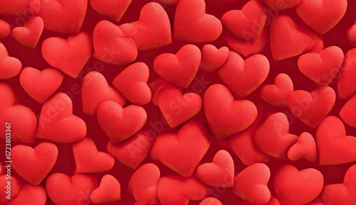 A close-up view of many red hearts, densely packed together, creating a vibrant, textured background