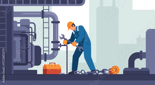 Professional industrial technician performing crucial maintenance and repair work on heavy machinery within a factory or plant setting, ensuring operational efficiency and safety in the workplace