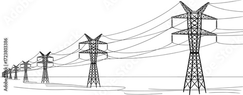 Electricity transmission line with high voltage towers fading into distance, vector illustration for energy infrastructure, utility design, engineering, and industrial visual projects.