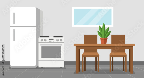 Modern kitchen and dining room interior with minimalist furniture and home appliances. A clean vector illustration of a contemporary living space