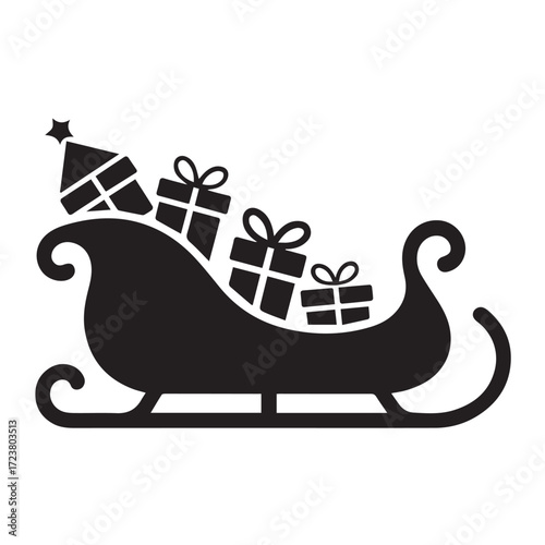 Black silhouette of santas sleigh filled with gift boxes and a christmas tree, isolated on white background